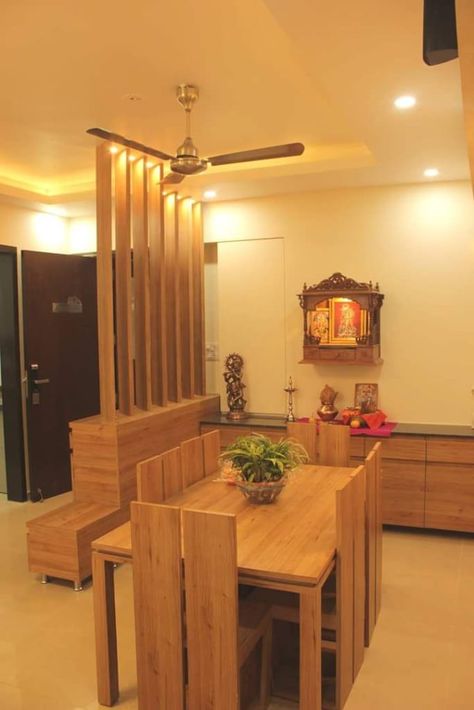 Here you will find photos of interior design ideas. Get inspired! Mandir In Dining Area, Pooja Room In Dining Area, Indian House Interior, Wooden Partition Design, Mandir Ideas, Wooden Partition, Architecture Firms, Luxury Architecture, Drawing Room Decor