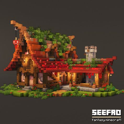 Minecraft Enchantment House Designs, Cool Minecraft House Interior Ideas, Minecraft Big Fairy House, Minecraft Fantasy Town Ideas, Edgy Minecraft Houses, Minecraft Fantasy Village House, Minecraft Fantasy Storage House, Cottage Castle Minecraft, Cottagecore Mushroom Minecraft Builds