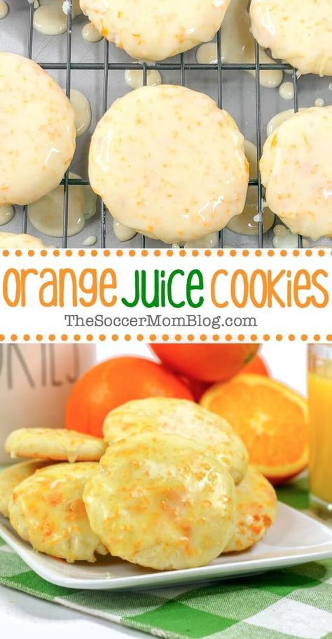 If you're craving a cookie that's anything but ordinary, then our fresh orange juice cookies are a must-try! Light and fluffy in the middle with chewy golden brown edges — they are heavenly pillows of deliciousness! And with real orange juice and orange zest baked right in, these orange cookies are bursting with citrus flavor! Orange Juice Desserts, Orange Juice Cookies, December Baking, Carb List, Orange Desserts, Cookies Orange, Soccer Cookies, Orange Juice Recipes, Lime Cookies