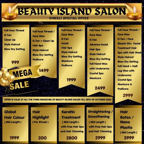 Celebrate Diwali with Exclusive Salon Service Packages at Beauty Island Salon, Patna! ✅ This festive season, treat yourself to our specially curated salon service packages at Beauty Island Salon. Designed to rejuvenate and refresh, our packages are perfect for getting ready for Diwali celebrations and ensuring you look your absolute best. ✅ Explore Our Salon Service Package Offers: ✅ Festive Glow Package: Includes a refreshing facial, skin exfoliation, and a hydrating mask to give your ski... Full Face Threading, Salon Offers, Face Wax, Service Packages, Spa Style, Hand Wax, Diwali Celebration, Hair Treatments, Hair Spa