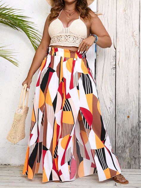 Multicolor Casual Collar  Woven Fabric Geometric,All Over Print Wide Leg Embellished Slight Stretch  Women Plus Clothing Plus Size Summer Outfit, Boho Pants, Stylish Plus, Plus Size Pants, Geo Print, Casual Summer Outfit, Boho Casual, Style Outfits, Wide Leg Trousers