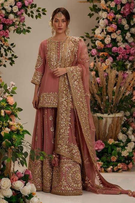 Buy Purple Kurta And Sharara Georgette Embroidered Gota Round Short Set For Women by Preeti S Kapoor Online at Aza Fashions. Fabric For Sharara Suit, Anarkali Kurta Set With Dupatta, Indian Latest Dresses Style, Sharara For Wedding, Gota Work Dress, Wedding Suits For Women, Pakistani Sharara, Designer Suits For Wedding, Gharara Designs