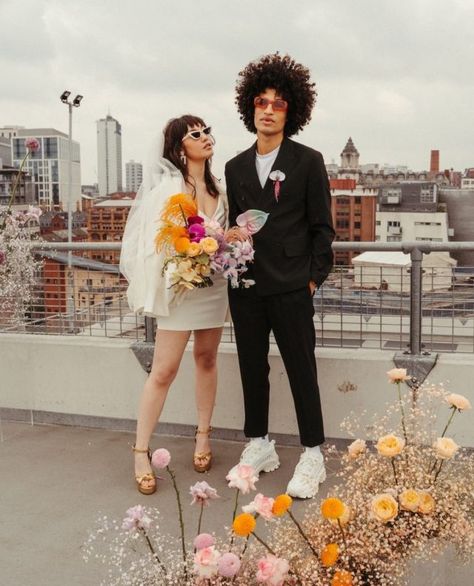 Retro Wedding Theme, Alternative Wedding Inspiration, Monochrome Weddings, City Elopement, Neon City, Alternative Wedding Dresses, Unique Bride, That Dress, Organic Wedding