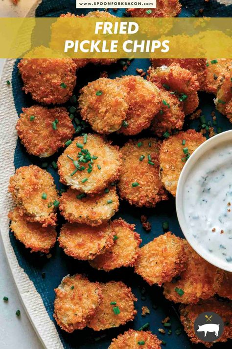 Fried Pickle Chips, Cheese Dipping Sauce, Spoon Fork Bacon, Dill Pickle Chips, Pickle Chips, Fried Pickles, Vegetarian Appetizers, Great Appetizers, Spoon Fork