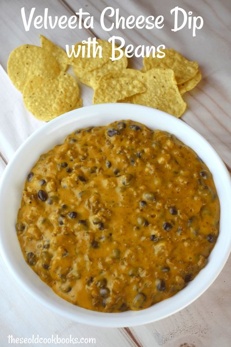 Velveeta Cheese Dip with Beans Recipe - These Old Cookbooks Queso Dip With Beans, Taco Cheese Dip, Cheesy Queso Dip, Queso Dip Velveeta, Bean Cheese Dip, Velveeta Cheese Dip, White Cheese Dip Recipe, Cheese Chip Dip, Recipes With Velveeta Cheese