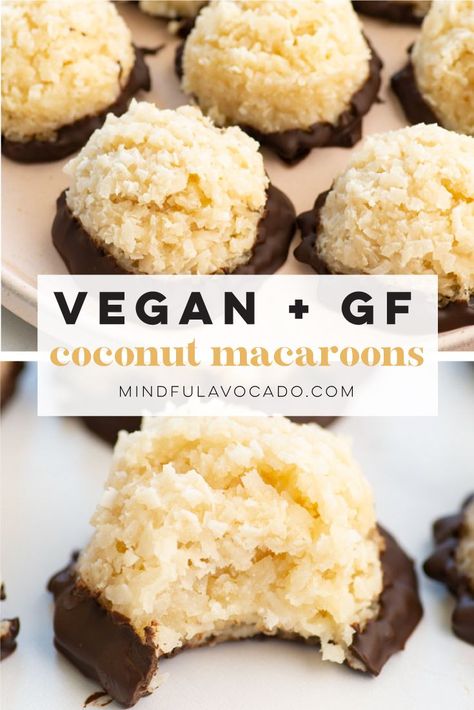 These coconut macaroons are the BEST! Vegan, gluten-free, and healthy, these macaroons are a must bake! Only 8 ingredients including coconut flakes, coconut milk, almond flour, and maple syrup. Dipped in chocolate, these are SO GOOD! #veganbaking #vegancookies #gfcookies #coconutmacaroons #coconutmacarons | Mindful Avocado Vegan Macaroons, Macaroons Chocolate, Macaroon Recipe, Vegan Candy, Coconut Macaroon, Coconut Macaroons Recipe, Vegan Gluten Free Desserts, Vegan Cookie, Vegan Cookies Recipes