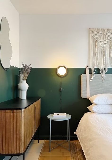 Dark Green Half Wall Bedroom, Dark Green Accent Wall, Green Bedroom Wall, Paint For Interior Walls, Green Bedroom Paint, Dark Green Paint, Bedroom Accents, Half Painted Walls