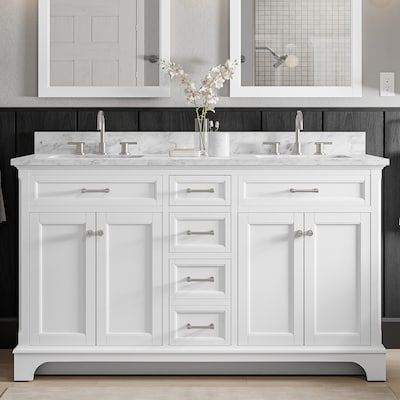 allen + roth Roveland 60-in White Undermount Double Sink Bathroom Vanity with Carrara Natural Marble Top in the Bathroom Vanities with Tops department at Lowes.com White Double Vanity Bathroom, 60 Inch Vanity Double Sink, Compact Laundry Room, Elegant Laundry Room, Grey Marble Bathroom, Light Grey Bathrooms, 60 Inch Vanity, White Marble Bathrooms, Laundry Room Lighting