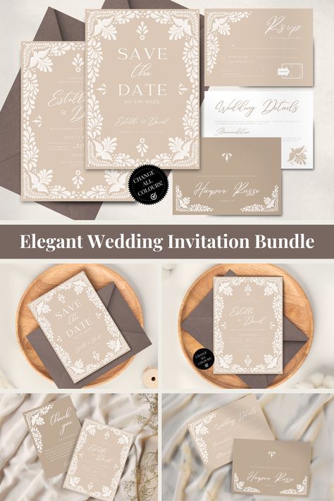 Beautiful Romantic Talavera Inspired Wedding Invitation Bundle. Neutral - Nude colour Modern Wedding destination Bundle of Save the Date, Invitation, RSVP, Place card, Details Card and Thank You Note. Unique design, Super trendy and elegant. Fully customizable. All you need simple designed by Akbaly Hacienda Style Wedding Invitations, Hispanic Wedding, Mexican Wedding Invitations, Dream Wedding Invitations, Mexican Inspired Wedding, Wedding Invitations Romantic, Dream Day, Mexican Wedding, Wedding Vibes