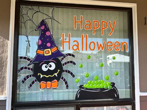 Painted Windows For Halloween, Happy Halloween Window Painting, Halloween Painted Window Ideas, Halloween Windows Painted, Window Painting Ideas Halloween, Easy Halloween Window Painting Ideas, Fall Window Art Painting, Halloween Painted Windows, Fall Window Painting Ideas Easy