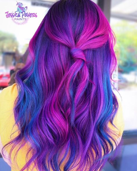 Blue Purple Pink Hair, Pink Purple And Blue Hair, Hair Roulette, Pink Purple Blue Hair, Bright Purple Hair, Pinwheel Hair Color, Blue And Pink Hair, Haircolor Ideas, Pink Purple Hair