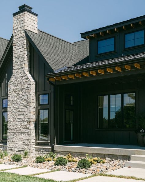 Black Birch Homes & Design on Instagram: “That stone chimney 🔥 . . 📸 @classicgrayhome” Stone Chimney Exterior Modern Farmhouse, Chimney On Front Of House, Fireplace Exterior Chimney, Black Chimney Exterior, Exterior Fireplace Chimney Ideas, Painted Chimney Exterior, Stone Chimney Exterior, Exterior Chimney Ideas, Chimney Exterior