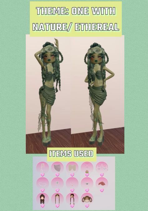 Di One With Nature Outfit, One With Nature Dti Theme, One With Nature Outfits, Di Ethereal Theme, Etheral Dti Outfit, One With Nature Dress To Impress No Vip, Dti Ideas One With Nature, Dti Theme One With Nature, Dress To Impress Rainforest Theme