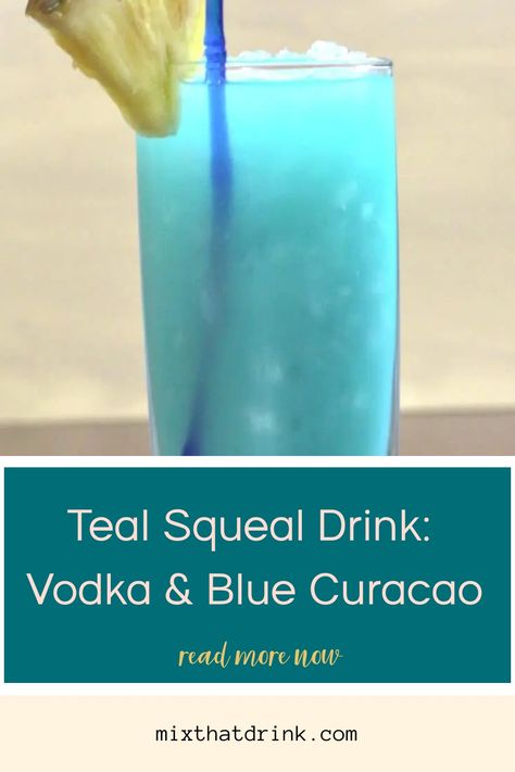 Get ready to savor the weekend with a Teal Squeal! This vibrant drink, featuring vodka and fruity blue curacao, is the perfect sip of relaxation. #TealSqueal #CocktailDelights Teal Drinks Cocktails, Vodka And Blue Curacao Drinks, Tiffany Blue Drinks, Cocktails With Blue Curacao, Blue Curacao Drinks, Vodka Blue, Blended Cocktail, Wedding Signature Drinks, Vodka Recipes