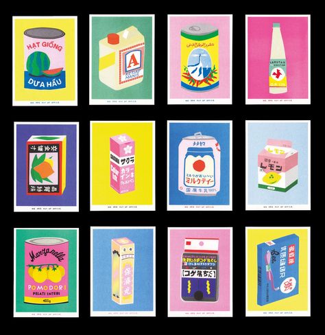 Risograph prints of food and drink packaging from around the world by We are Out of Office | Creative Boom Posca Art, Riso Print, Out Of Office, Beverage Packaging, Dutch Design, Food Illustrations, Utrecht, Shopping Trip, Etsy Australia