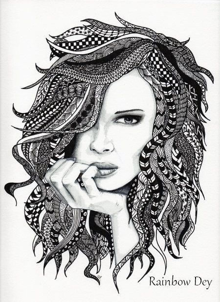 Zentangle Art Portrait, Zentangle Portraits Face, Zentangle Face, Zentangle Portraits, Zentangle Hair, Watercolour People, Female Embodiment, Micron Art, Zantangle Art