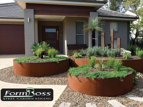 New FormBoss steel option - Project | ODS Corten Steel Raised Garden Beds, Steel Garden Edging, Yard Planters, Decorating Front Porch, Australian Garden Design, Australian Native Garden, Corten Steel Planters, Decor Front Porch, Circular Art