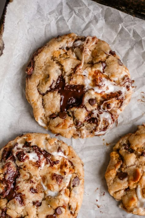 Sourdough S’mores Bread, Sourdough Summer Recipes, Sourdough Smores Cookies, Sourdough Desert, Savory Smores, Cookies Sourdough, Cookies With Marshmallows, Campfire Snacks, Cookie Dough Ingredients