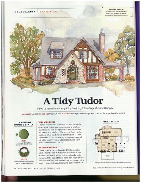 Tidy Tudor: Southern Living - December 2015 Small Tudor House, Tudor Cottage House Plans, Sims Tips, Southern Living Cottage, German Cottage, Cottage Blueprints, House Plans Traditional, English Cottage House Plans, Cottage Layout