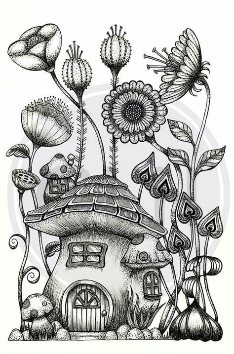 Whimsical Pencil Drawings, Fairy Garden Sketch Drawing, Mushroom Zentangle Doodles, Fairy Garden Art Drawing, Fairy Mushroom Drawing, Mushroom Line Drawing, Drawings With Charcoal, Zantangle Art, Home Black And White