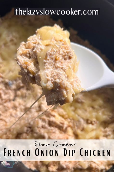 Who says French Onion Dip is just for chips?  This Slow Cooker French Onion Dip Chicken is a flavor explosion!  Tender chicken breasts smothered in a creamy French onion sauce with caramelized onions - perfect for a light & delicious summer dinner! French Onion Dip Chicken, Onion Dip Chicken, Pulled Turkey, Summer Crockpot, Summer Crockpot Recipes, French Onion Chicken, French Onion Dip, Onion Sauce, Onion Chicken