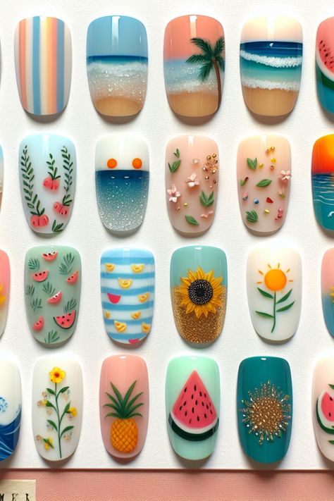 Assorted nail art designs featuring tropical themes, fruits, and flowers in vibrant colors. Easy Summer Nail Ideas, Camping Nails, Pedi Nails, Beachy Nail Designs, Vintage Nail Art, Beachy Nails, Summer Nail Ideas, Summer Nail Designs, Bright Summer Nails