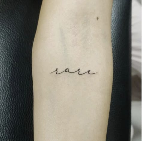 Rare Tattoo Women, Rare Word Tattoos For Women, Precious Tattoo Words, Rare Script Tattoo, Word Rare Tattoos For Women, Rare Small Tattoos, The Word Rare Tattoo, Word Rare Tattoo, Rare Word Tattoo