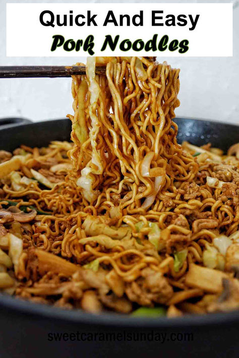 Chopsticks holding noodles over black bowl of the same with text at the top. Pulled Pork And Noodles, Pork Roman Noodle Recipes, Pork With Noodles Recipes, Pork Chop Noodle Recipes, Pork Roast And Noodles, Ground Pork And Ramen Noodles, Ground Pork Noodles Recipe, Pulled Pork Noodles, Ground Pork And Noodles