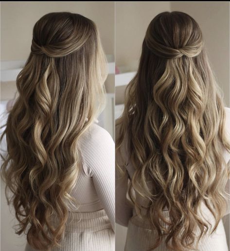 Curling Wand Hair, Simple Bridesmaid Hair, Bridesmaid Hair Inspo, Bridemaids Hairstyles, Bridesmaid Hair Long, Half Up Wedding Hair, Formal Hairstyles For Long Hair, Simple Prom Hair, Bridesmaid Hair Makeup