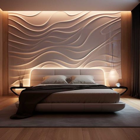 Futuristic Bedroom Decor, Modern Bedroom Panelling, Back Lit Wall Panel, Back Panel Design Bedrooms, Bed Panel Design, Led Panel Design Bedroom, Bed Paneling, Rajat Kapoor, Wall Panel Bedroom