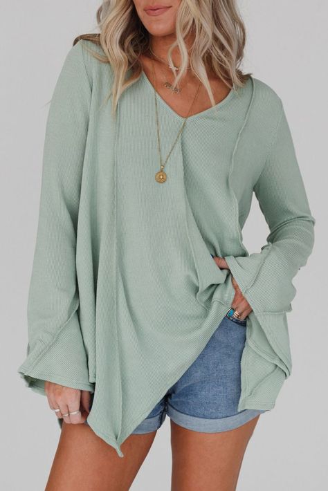 $8.5 Green Ribbed Expose Seam Bell Sleeve Top Wholesale Lisa Fischer, Exposed Seams, Boho Aesthetic, Ribbed Texture, Oversized Top, Ribbed Top, Flowy Tops, Green Tops, Sleeve Designs