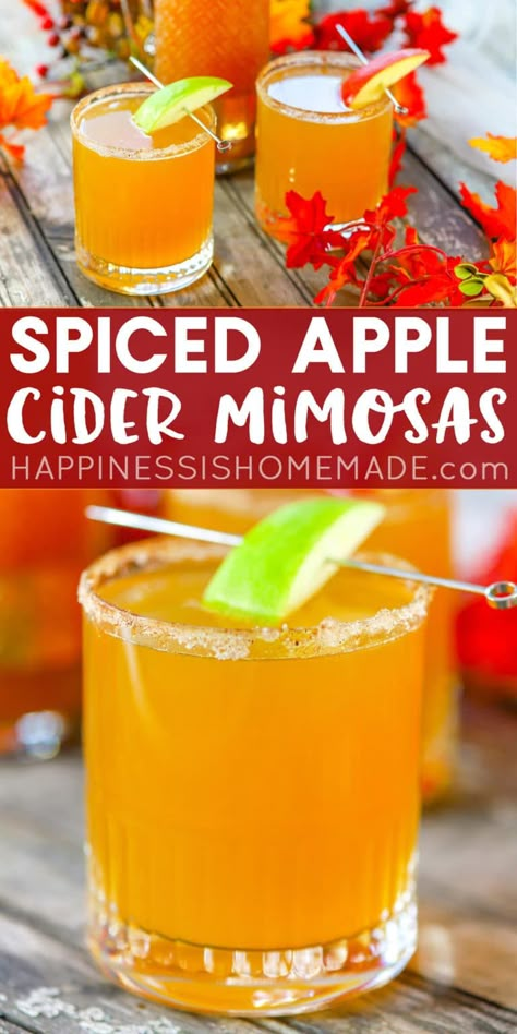 Spiced apple cider mimosas are a delicious twist on the classic! These apple cider mimosas are the perfect fall cocktail for an autumn brunch, or while watching football on a Sunday afternoon! Cider Mimosa Recipe, Chai Indian, Apple Cider Mimosa Recipe, Cider Mimosa, Cider Mimosas, Apple Cider Drink, Apple Cider Mimosa, Apple Cocktail, Mimosa Recipe