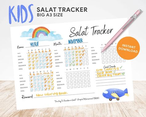 Kids Salat Tracker Blue BONUS Printable Muslim Children | Etsy Muslim Planner, Planner Ramadan, Prayer Tracker, Islamic Journal, Quran Journal, Cleaning My Room, Prayers For Children, Weekly Goals, Muslim Kids