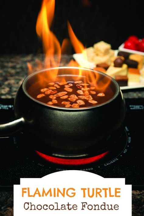 Flaming Turtle Chocolate Fondue http://www.justshortofcrazy.com/flaming-turtle-chocolate-fondue/ Turtle Fondue, Fondue Dippers, Melting Pot Recipes, Fondue Restaurant, Chocolate Fondue Recipe, Fondue Night, Fondue Recipe, The Melting Pot, Chocolate Turtles