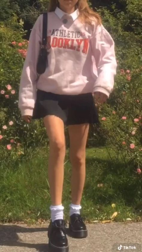 pink sweatshirt+ white sark+ black denim skirt Skirts With Sweatshirts Outfit, Skirt And Sweatshirt Outfit, Sweatshirt With Skirt, Cropped Sweatshirt Outfit, Pink Sweatshirt Outfit, Pleated Mini Skirt Outfit, Pink Denim Skirt, Pleated Denim Skirt, Sweatshirt Aesthetic