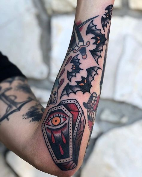 Traditional Tattoo Halloween, Arm Women, Coffin Tattoo, Halloween Tattoo Ideas, Feminine Skull Tattoos, Traditional Tattoo Inspiration, Feminine Tattoo Sleeves, Traditional Style Tattoo, Tattoo Filler