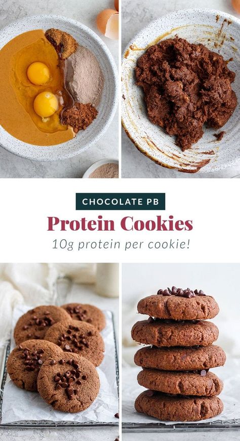 These delicious chocolate Protein Cookies are under 200 calories and pack in 10g protein per cookie. They're gluten-free, grain-free, and made with your favorite protein powder. Quest Chocolate Protein Powder Recipes, Protein Packed Cookies, Protien Powder Cookies, Easy Protein Cookies Recipe, Chocolate Peanut Butter Protein Cookies, Baking With Chocolate Protein Powder, Chocolate Protein Powder Cookies, Protein Powder Cookie Recipes, Protein Powder Cookies Easy