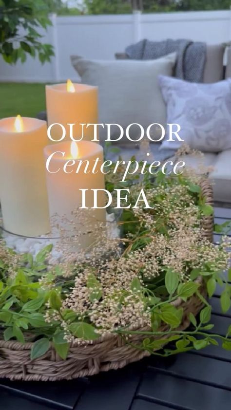 Adding some cozy touches to my backyard patio space with this beautiful centerpiece 🥰 Do you love using candles in your backyard? | The Magnolia Mercantile Patio Table Centerpiece Outdoor, Outdoor Table Centerpieces Patio, Patio Table Centerpiece, Magnolia Mercantile, Outdoor Table Centerpieces, Courtyard Ideas, Beautiful Centerpieces, Patio Spaces, Patio Table