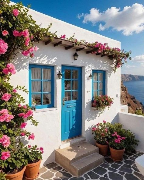 Island Home Exterior, Greek Doors, Greek Style Home, Greek Homes, Yellow Kitchen Cabinets, Greece Homes, Sky Window, Greece House, Dream House Aesthetic