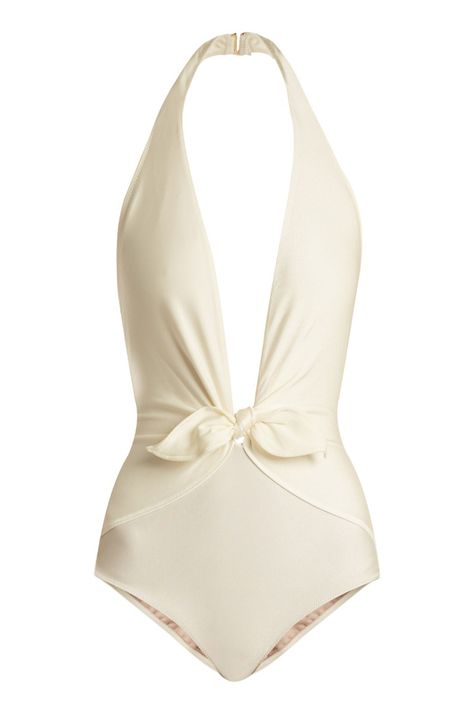 15 Perfect Low-Back Swimsuits To Try   - ELLE.com Wedding Swimwear, Honeymoon Wear, Halter Top Bathing Suits, Halter Bathing Suit, Adriana Degreas, White Bathing Suit, Halter Neck Swimsuit, Monokini Swimsuits, How To Wear Scarves