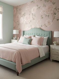 Bedroom Wall Paint Ideas, Pink Bedroom Accessories, Pink Wallpaper Bedroom, Mint Green Bedroom, Wall Paint Ideas, Mint Green Rooms, Mint Bedroom, Statement Wallpaper, Sage Green Bedroom