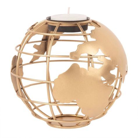 So cute! | Gold Metal Globe Tealight Holder Clemence | Maisons du Monde Wall Candle Holder, Gold Bathroom Decor, Black And Gold Bathroom, Egg Timer, Wall Candle, Decorative Storage Boxes, Globe Decor, Gold Bathroom, Copper Glass