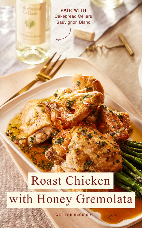 This main-dish dinner recipe is all about crispy skin, juicy meat, and a flavor-packed pan sauce that may just have you licking the plate 😉 Here's the secret: dry brine the chicken overnight for maximum crispness. Add in fresh herbs, a hint of lemon, and a glass of Cakebread Cellars Annahala Ranch Pinot Noir for this sure-to-impress summer dinner recipe, perfect for any gathering or dinner party. Chicken With Honey, Cakebread Cellars, Ww Lunch, Dry Brine, Food Bites, Roast Chicken Recipe, Food Myths, Simple Family Meals, Budget Family Meals