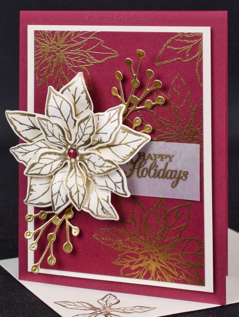 Poinsettia Petals with Gold Embossing – Cindy's Corner Stampin Up Weihnachten, Traditional Christmas Cards, Gold Embossing, Poinsettia Cards, Stamped Christmas Cards, Heat Embossing, Handmade Christmas Card, Christmas Card Inspiration, Homemade Christmas Cards