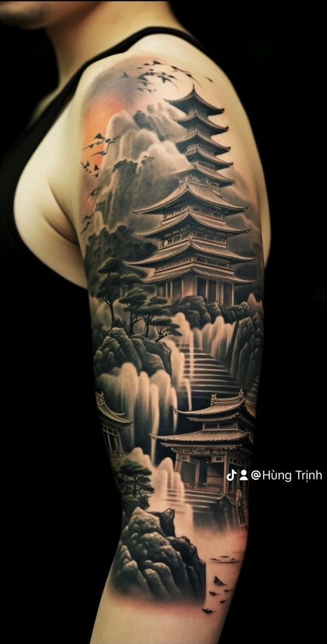 Chinese Style Sleeve Tattoo, Samurai Leg Sleeve Tattoo, Korean Temple Tattoo, Japanese Nature Tattoo, Japanese Waterfall Tattoo, Chinese Temple Tattoo, Japanese Garden Tattoo, Japanese Landscape Tattoo, Japanese Pagoda Tattoo