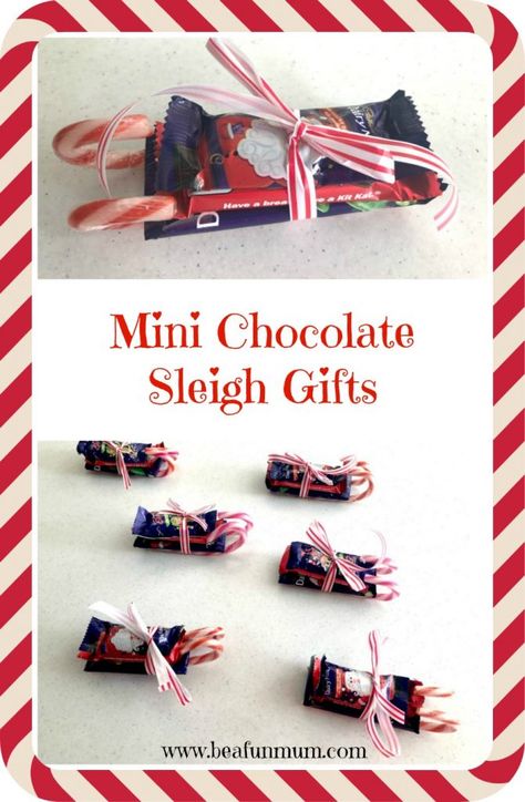 Mini chocolate sleigh gifts Christmas Handouts, Chocolate Sleigh, Kris Kringle Gift Ideas, Christmas Baking Gifts, Candy Cane Sleigh, Chocolate Santa, Mini Candy Canes, Inexpensive Christmas Gifts, Inexpensive Christmas