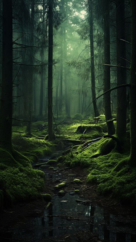 Moody Green Photography, Forest Magic Aesthetic, Lush Forest Aesthetic, Mossy Forest Aesthetic, Green Woods Aesthetic, Fairytale Aesthetic Forests, Witchy Landscape, Spooky Forest Aesthetic, Dark Green Forest Aesthetic