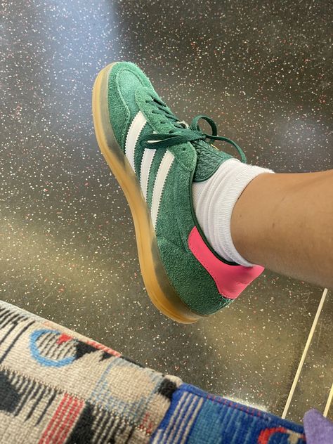 Adidas gazelle green and pink suede Green And Pink Adidas Gazelle, Green And Pink Gazelle, Green And Pink Adidas, Green And Pink Sambas, Green And Pink Shoes, Gazelle Aesthetic, Pink And Green Shoes, Adidas Spezial Green, Adidas Gazelle Green