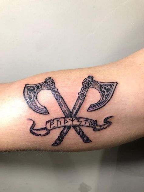 Viking Series Tattoo, Viking Rib Tattoo, Viking Axes Tattoos, Crossed Axes Tattoo Viking, Two Axes Tattoo, Viking Heritage Tattoo, Norse Tattoo Neck, Swedish Tattoo Ideas Men, Machado Viking Tattoo