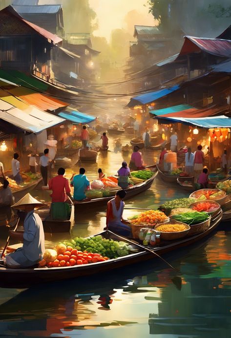 Thai River Bazaar Check more at https://paintlyx.com/thai-river-bazaar/ Thai Boat, Water